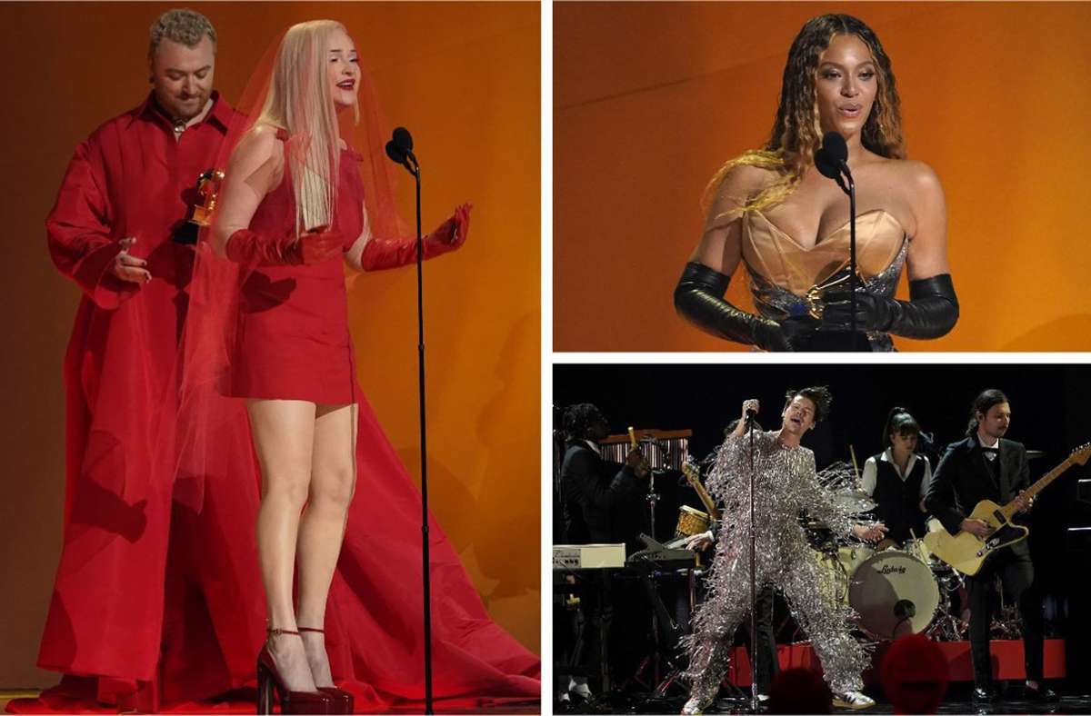 Grammy-Gewinner: Sam Smith und Kim Petras (links) nehmen einen Preis entgegen, Beyoncé (oben) kommt zu spät, Harry Styles performt.