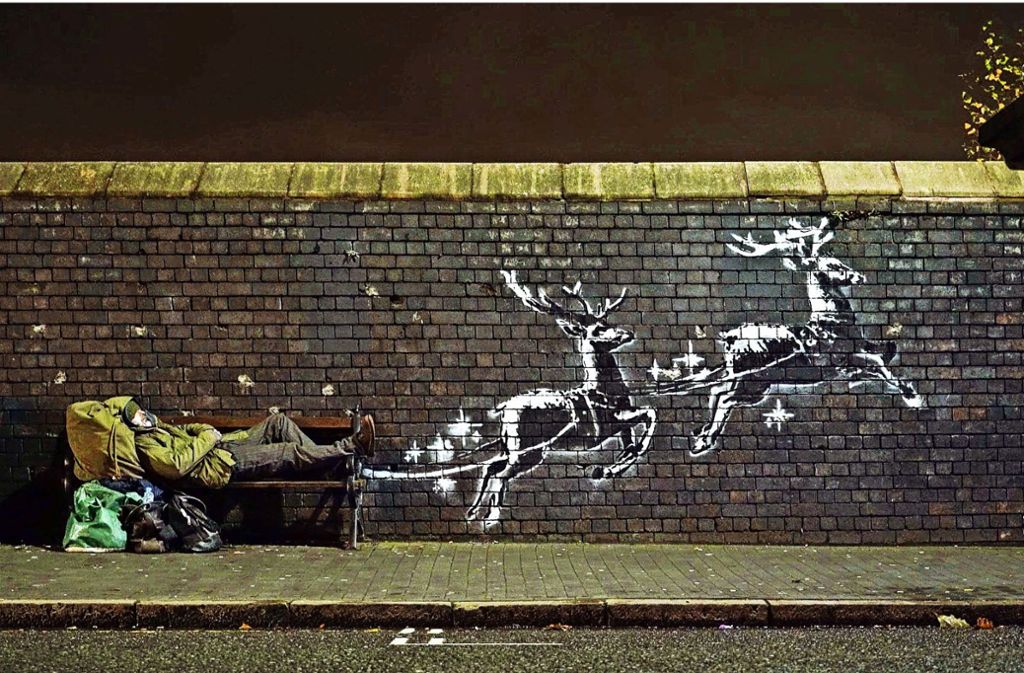 Neues Werk von Banksy entdeckt: Ein Obdachloser und sein Rentier-Schlitten