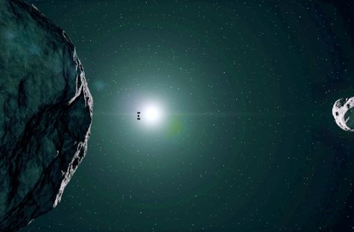 Ziel  der Mission ist der winzige Asteroid Dimorphos, hier rechts in der Animation. Im Vergleich zur Sonde Hera, einem  Würfel von 1,60 Metern, ist er jedoch riesig. Foto: ESA