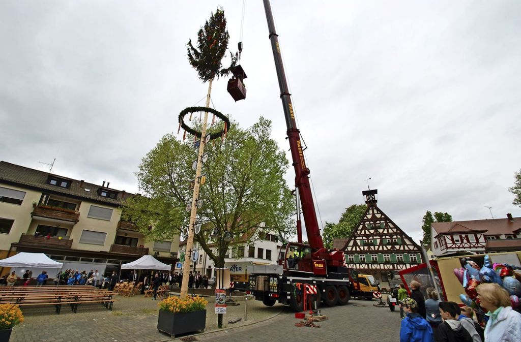 UhlbachZum 29. Mal hat der Handels- und Gewerbeverein im Ortskern den Maibaum aufgestellt: Maibaum in Uhlbach aufgestellt