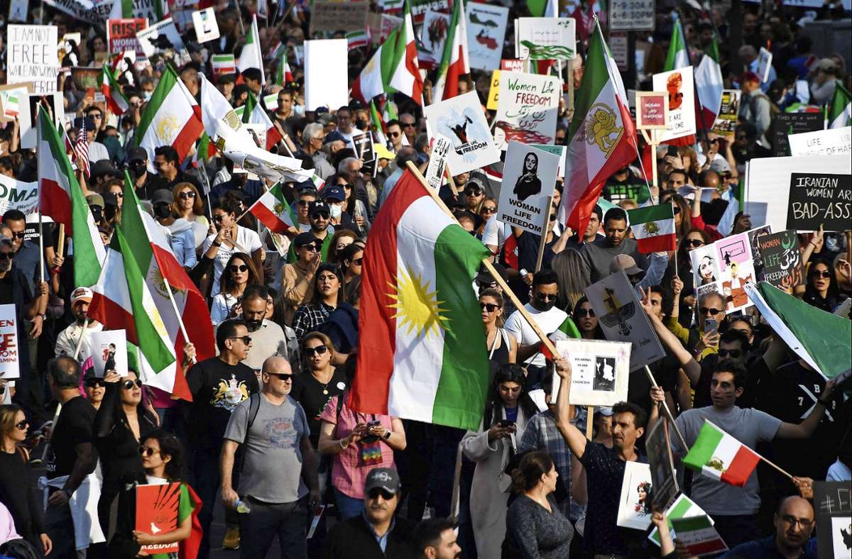 Weltweit – wie hier in den USA – gehen Menschen auf die Straße, um ihren Unmut gegen das Regime in Iran lautstark kund zu tun. Foto: AFP/Olivier Douliery