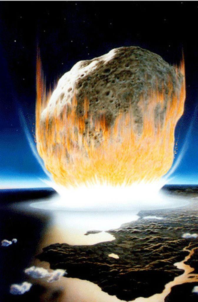 Künstlerische Darstellung eines Asteroiden-Aufpralls auf der Erde. Der Asteroid im Bild erscheint viel größer als der rund zehn Kilometer lange Felsen, von dem Wissenschaftler annehmen, dass er vor 66 Millionen Jahren auf der Erde aufschlug.