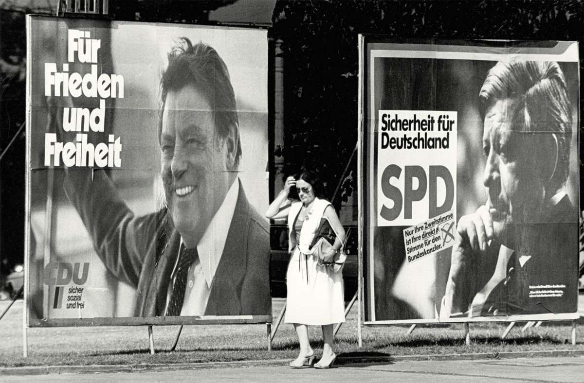 1980 tritt Franz Josef Strauß  an gegen den amtierenden Kanzler Helmut Schmidt (SPD).