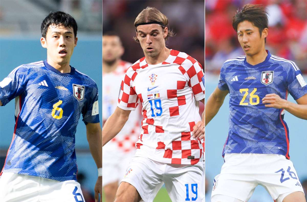Wataru Endo, Borna Sosa und Hiroki Ito (von links) treten am Montag im WM-Achtelfinale an. Foto:  