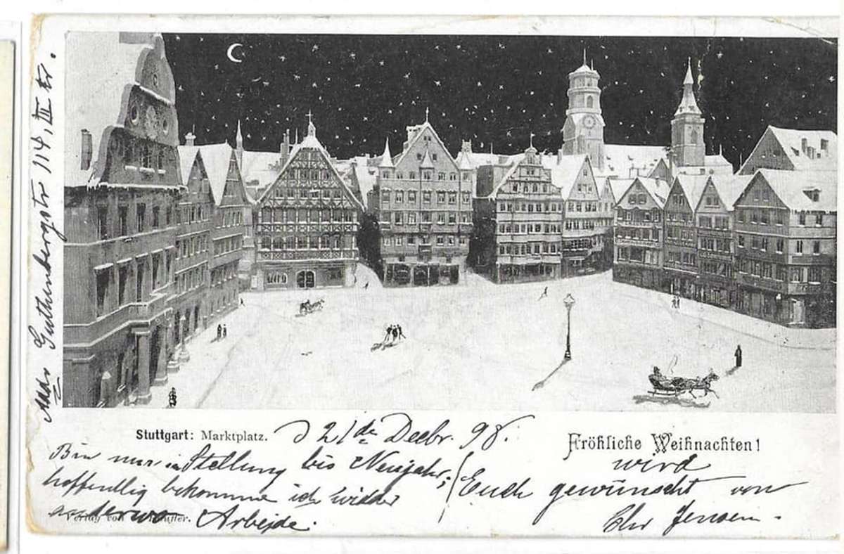Eine Weihnachtskarte vom Marktplatz aus dem Jahr 1898.