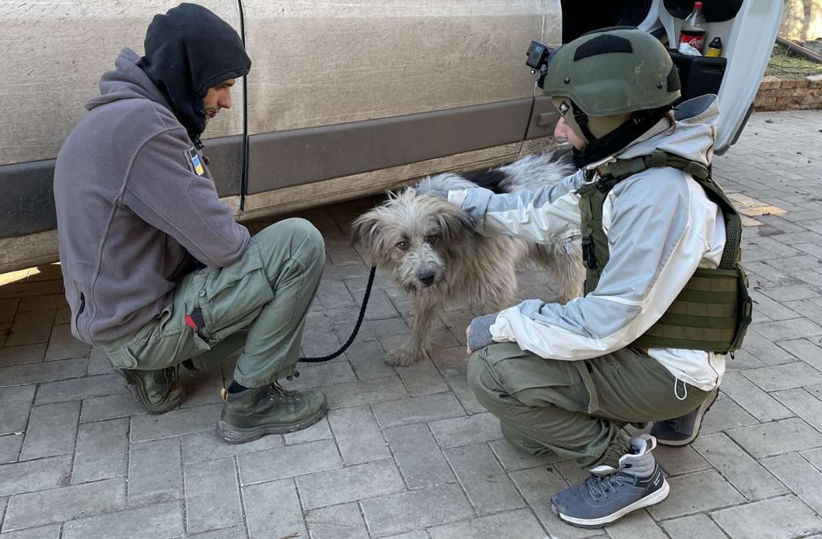 Serhijs Hund Misha mit Ruskan und Yaryna von  Animal Recue Kharkiv.