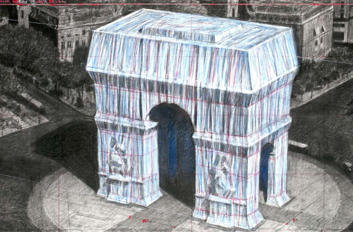 Der Arc de Triomphe  verschwindet 16 Tage  unter einem Stoffkleid – die Aufnahme zeigt eine von Christo angefertigte Zeichnung.