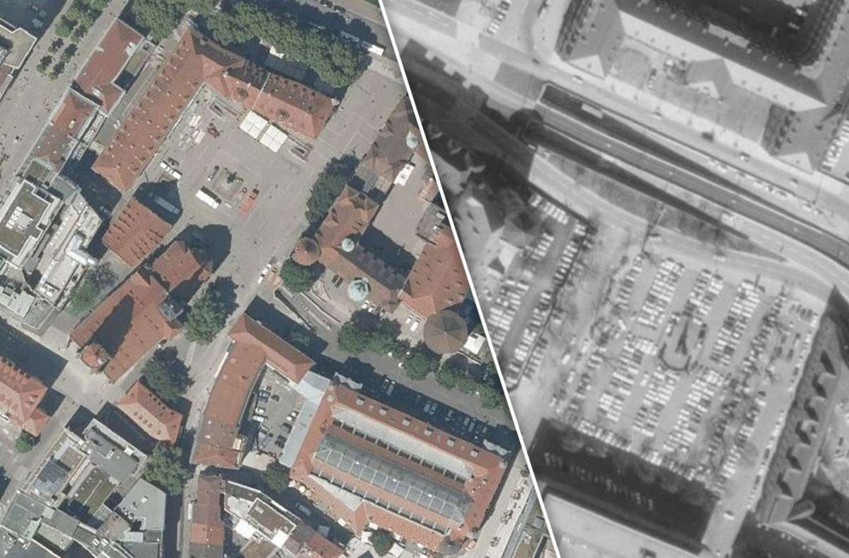 Die Gegend zwischen Schiller- und Karlsplatz in Stuttgart, heute und 1968. Foto: Landesarchiv/StAL-EL-68IX-2760