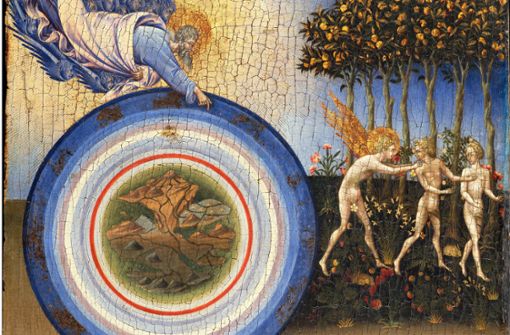 Seinen Aufenthalt in den himmlischen Sphären  nutzt Dante zu einem Gespräch mit Adam, dem zweiten von recht auf dem Bild „Die Vertreibung aus dem Paradies“  von Giovanni di Paolo aus dem Jahr 1445. Foto: imago/Artokoloro/Artokoloro