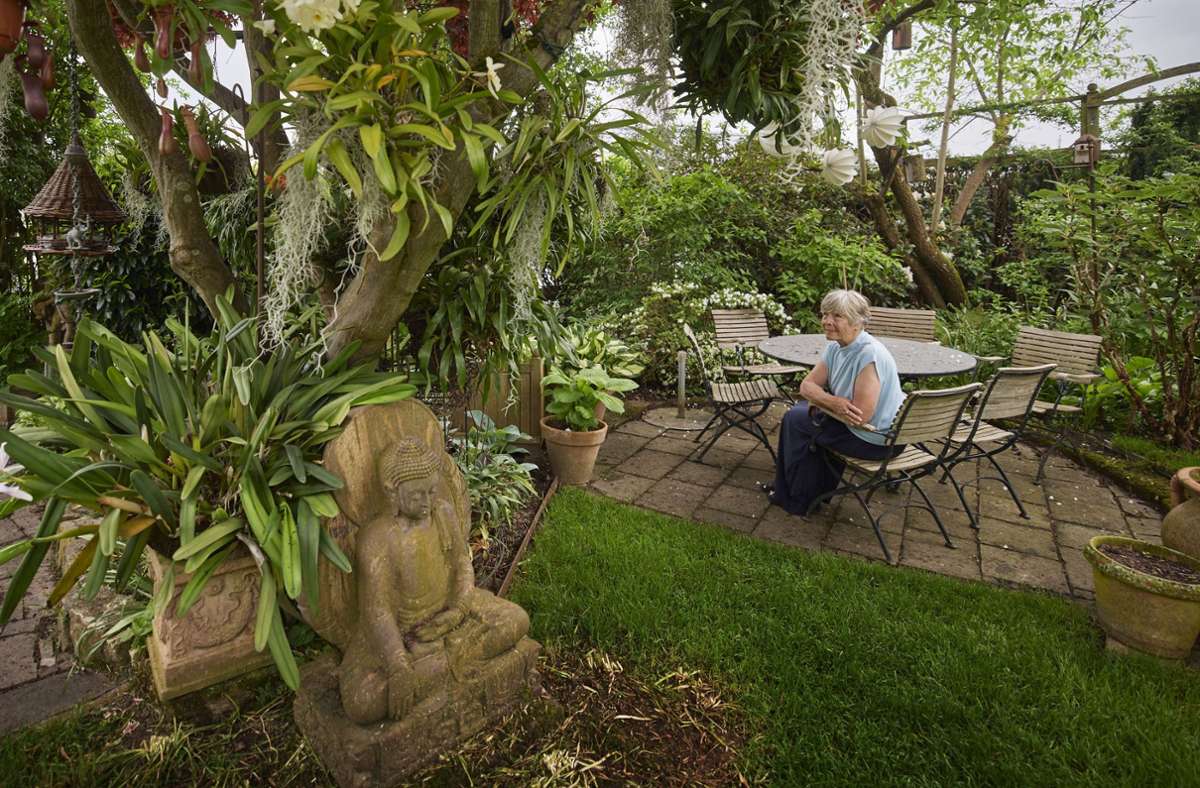 In ihrem Garten hat Marianne Frank-Mast viele Raritäten gepflanzt  und bietet auch  einigen indischen Gottheiten ein Zuhause.