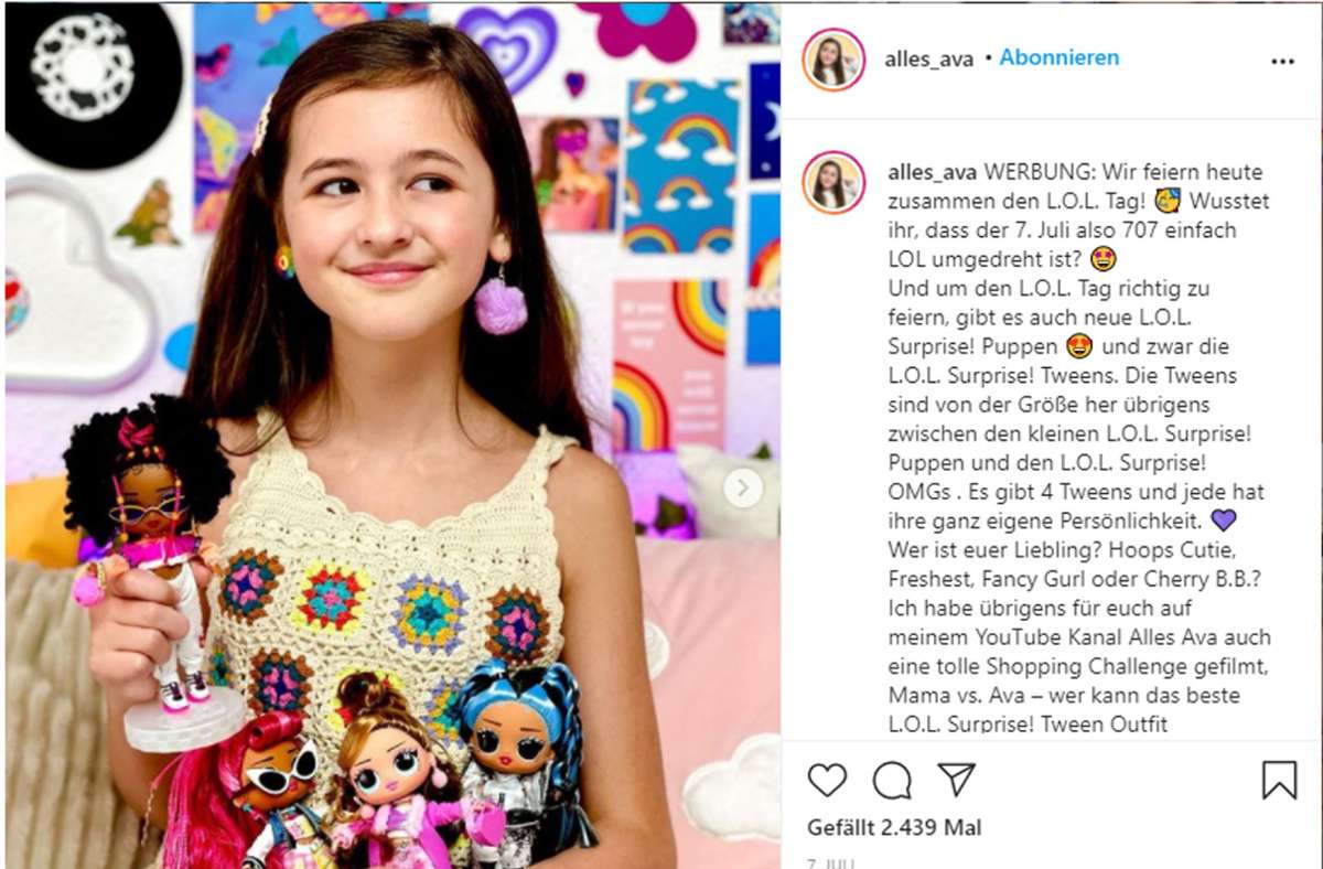 Die zehnjährige Ava wirbt auf ihrem Instagram-Kanal „alles_ava“  für Puppen.