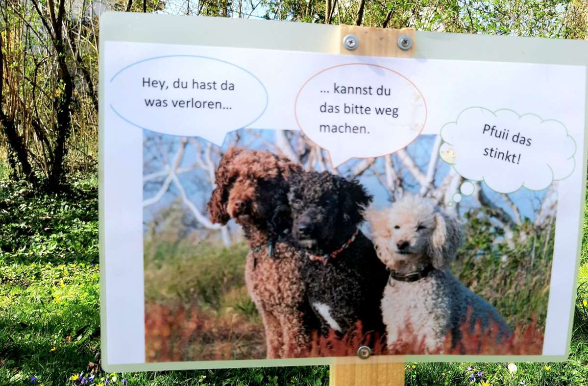 Auf humorvolle Art und Weise wollen die Luginsländer Hundehalter auf ihren Schildern zum Nach- und Umdenken anregen.