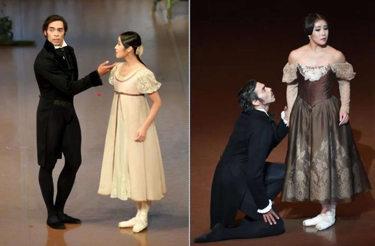 Jason Reilly und Hyo-Jung Kang in zwei Szenen von „Onegin“ Foto: Stuttgarter Ballett/SB