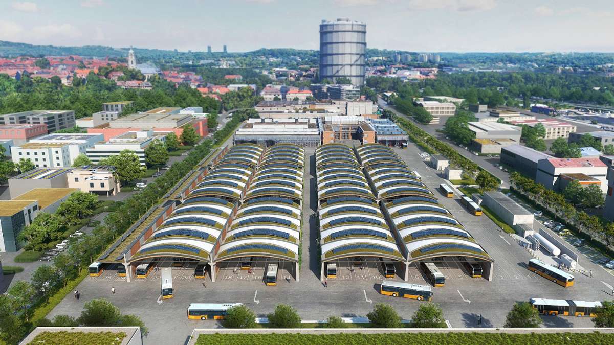 So soll sich das neue Hallenbauwerk für den SSB-Busbetriebshof Gaisburg präsentieren. Auffallend ist die offene Bauweise.