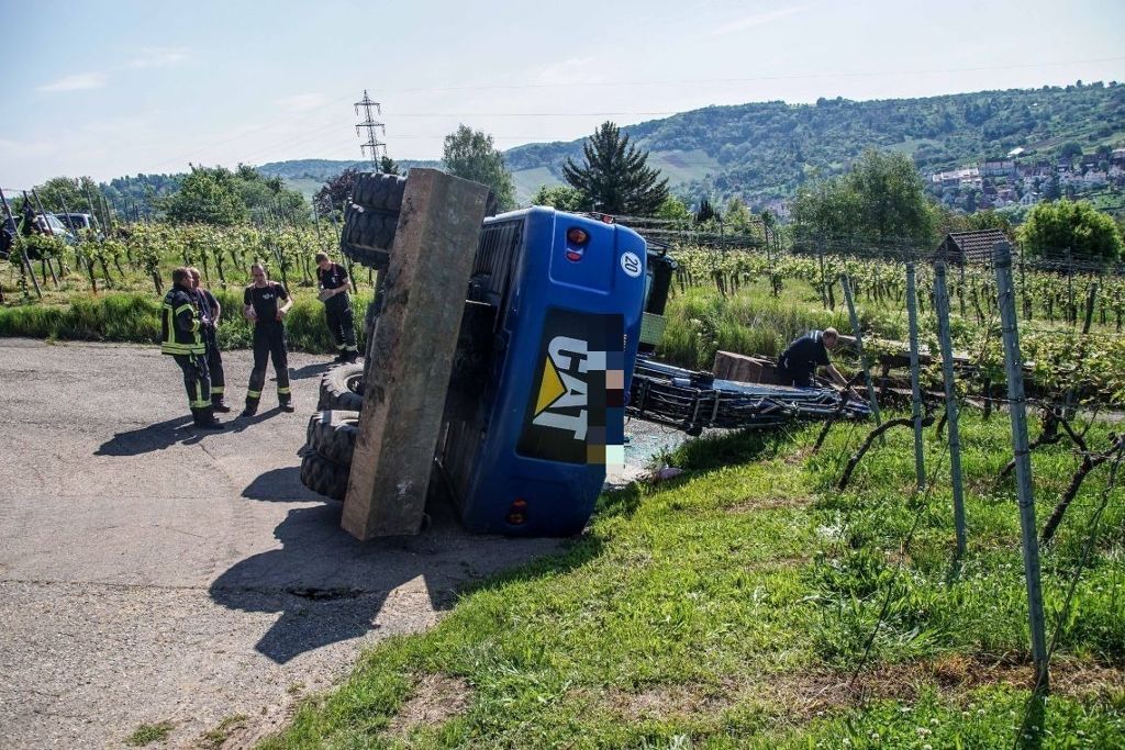 ROTENBERG: Fahrer stürzt aus Kabine: Bagger kippt im Weinberg um