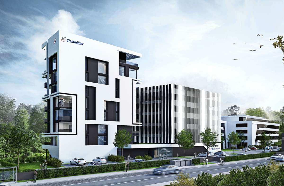 Das  Wohnhaus von EgeTrans (links) wird nach der Fertigstellung  mit 20 Einheiten für Mitarbeiter aufwarten. Foto: Steinmüller Immobilien GmbH