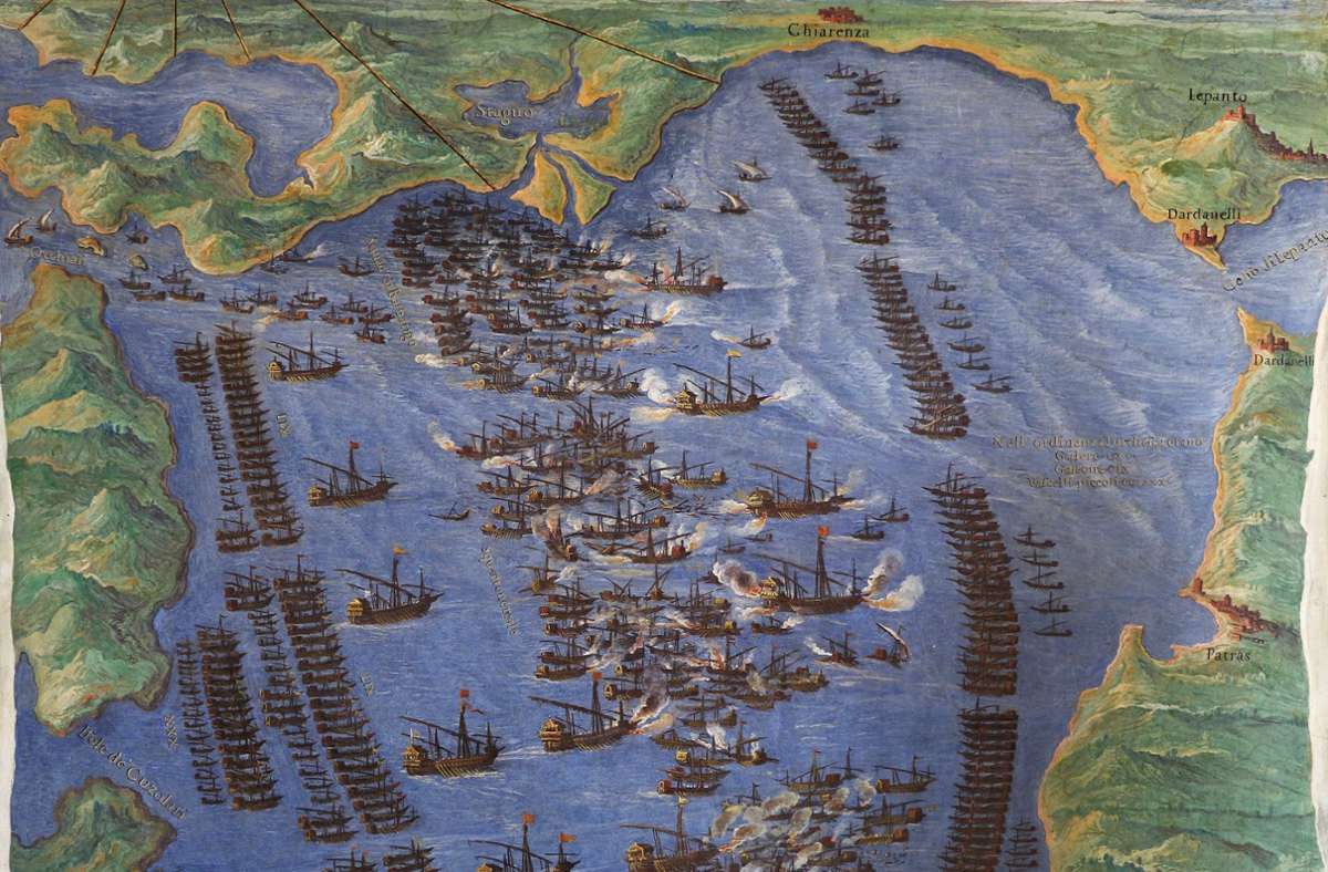 Die Aufstellung der beiden Flotten bei Lepanto, links die Heilige Liga, rechts die osmanische Flotte (aus der Karten-Galerie des Vatikans)