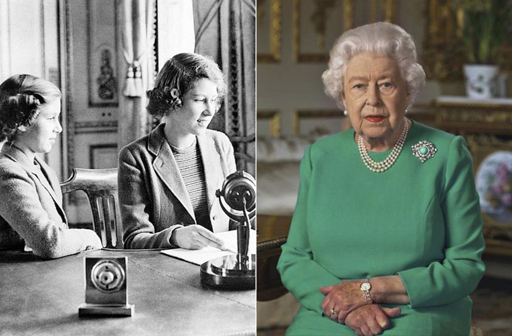 Zwischen diesen Bildern liegen fast 80 Jahre: Prinzessin Elizabeth und ihre jüngere Schwester Margaret bei einer Radioansprache im Zweiten Weltkrieg und die 93-jährige Queen bei ihrer Fernsehansprache zur Coronakrise im April 2020.