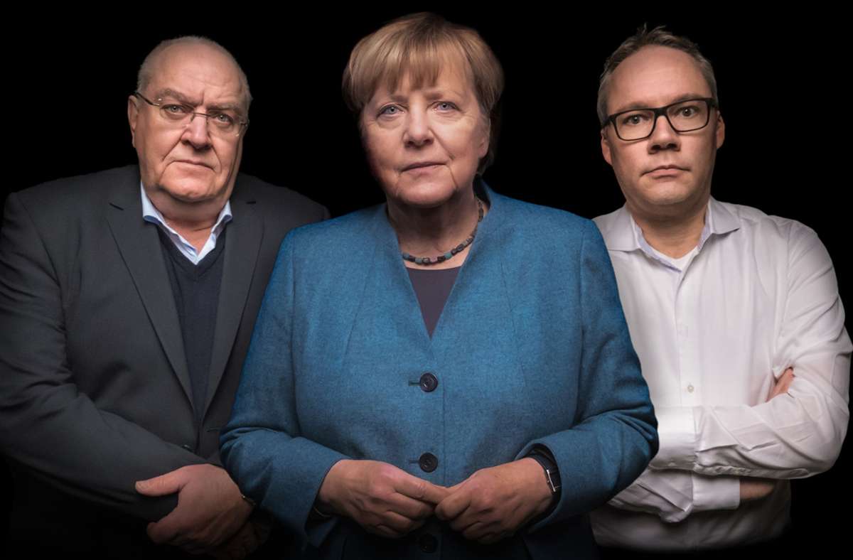 Angela Merkel mit dem ehemaligen Bundesrichter Thomas Fischer (links) und dem Journalisten Holger Schmidt. Foto: SWR/Oliver Reuther