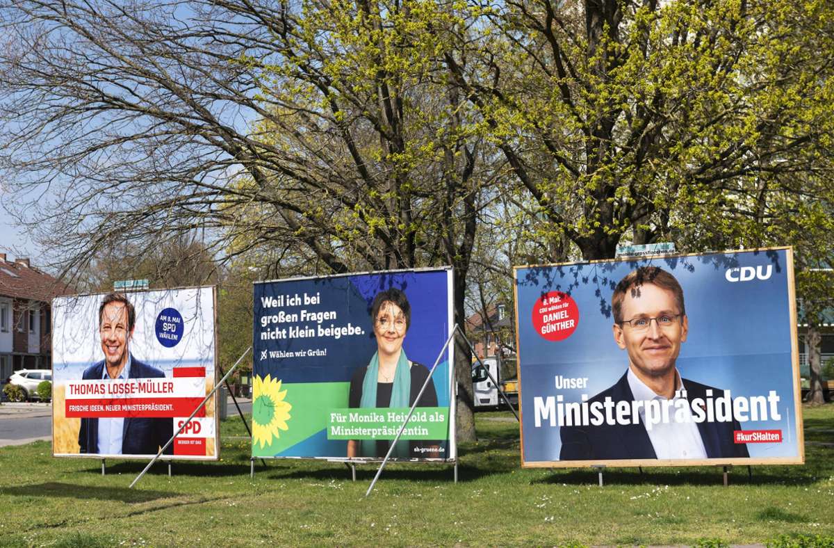 SPD, Grüne und CDU werben vor der Landtagswahl in Schleswig-Holstein auf  Plakaten für ihre Spitzenkandidaten. Foto: /Richard Wareham