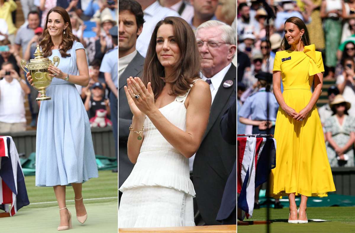 2011 (Mitte) besuchte Kate zum ersten Mal Wimbledon als Herzogin – in dezentem Weiß. Mit der Zeit traute sie sich auch an kräftigere Farben.