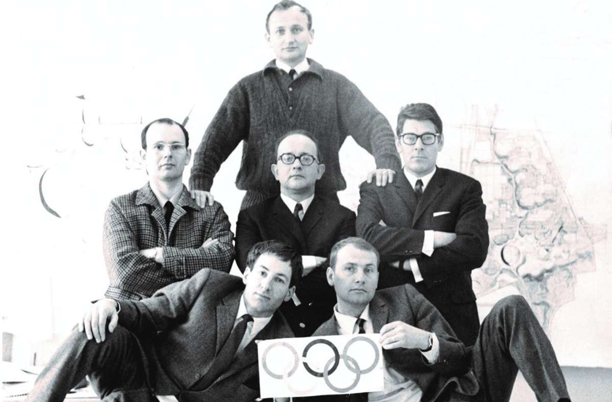 Günter Behnisch (oben), Winfried Büxel, Jürgen Joedicke, Eberhard Tränkner (Mitte, von links nach rechts), Fritz Auer, Carlo Weber (unten, von links nach rechts).
