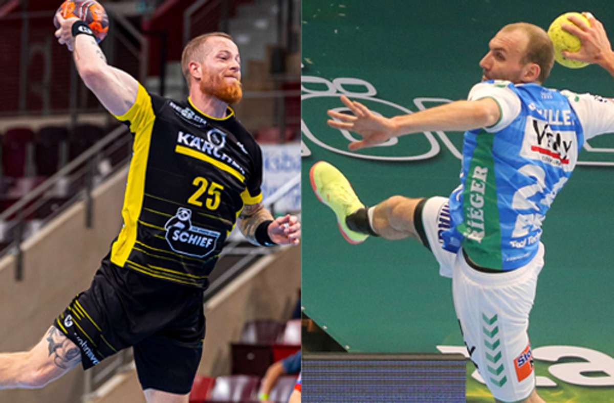 Patrick Zieker  (li.) vom TVB Stuttgart und Marcel Schiller von Frisch Auf Göppingen  sind Konkurrenten im Nationalteam auf der Linksaußen-Position.