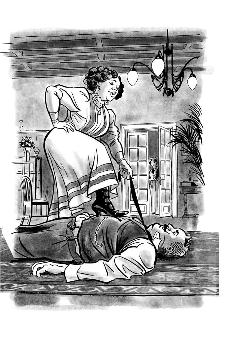 Szenen einer Ehe in Heinrich Manns Roman „Der Untertan“: Guste und ihr Ehemann Diederich, der sich gern von der Gattin schlagen lässt – illustriert von Arne Jysch.