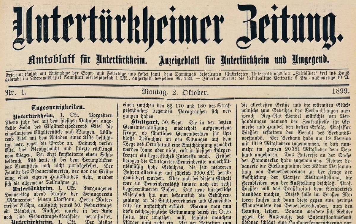 Die erste Ausgabe der Untertürkkheimer Zeitung vom 2. Oktober 1899.