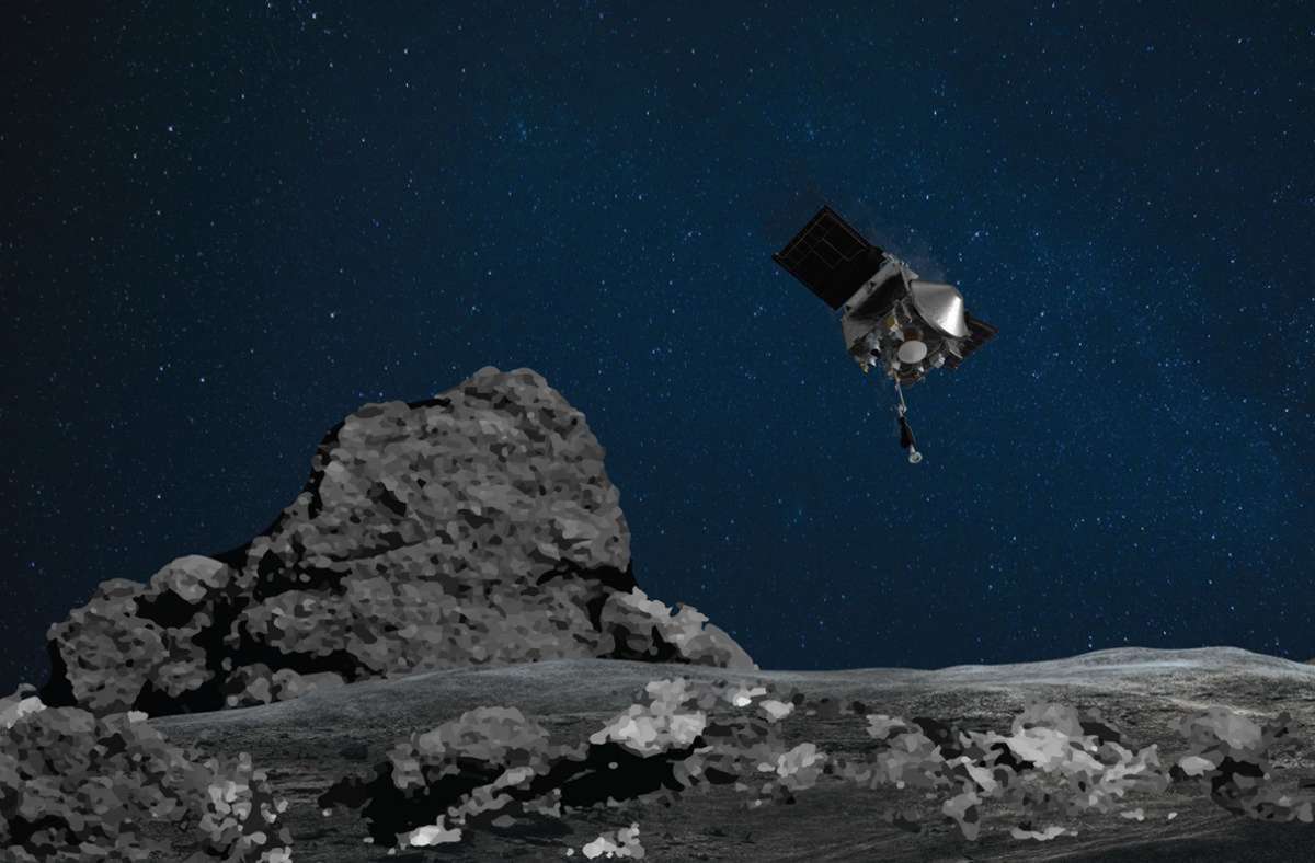 Die Raumsonde „Osiris-Rex“ nähert sich dem Asteroiden Bennu (künstlerische Darstellung). In der Nacht zum 21. Oktober hatte sich die Nasa-Raumsonde erfolgreich dem Asteroiden bis auf wenige Meter genähert und Bodenproben gesammelt (künstlerische Darstellung). Foto: /Nasa/Goddard/University of Arizona/dpa