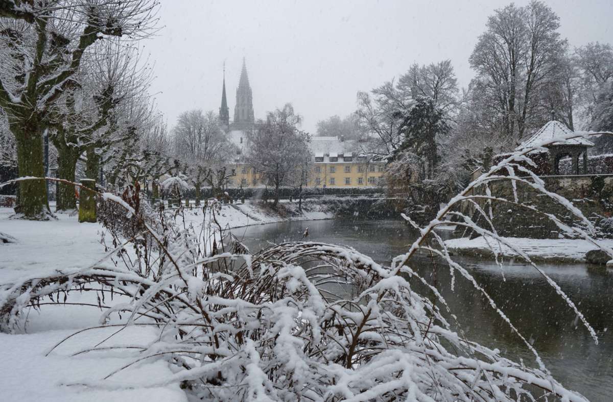 In Konstanz am Bodensee liegt Schnee. Dieses schöne Foto stammt vom Seeufer im Stadtgarten.