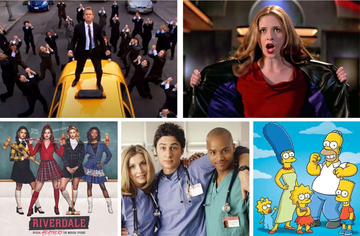 Die Serien „How I Met Your Mother“, „Buffy“, „Simpsons“, „Scrubs“ und „Riverdale“ (von links oben im Uhrzeigersinn) zählen zu den Serien, von denen es Musicalepisoden gibt.