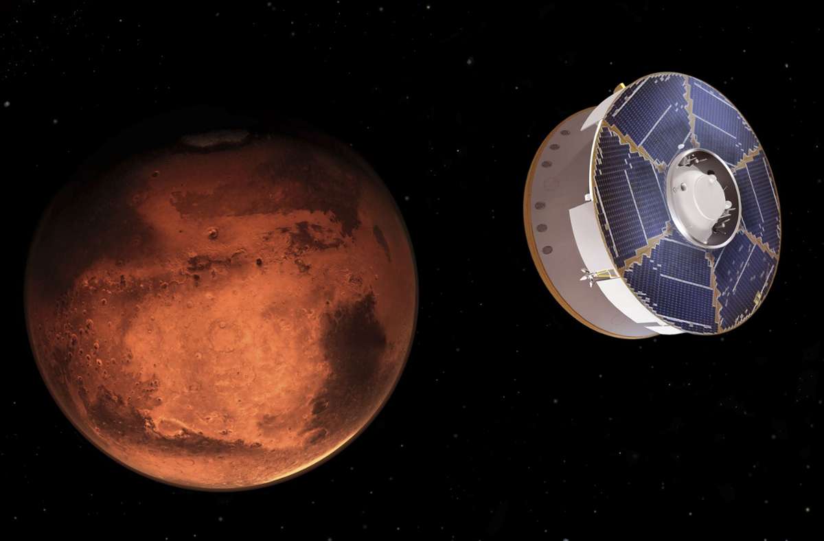 Die von der Nasa zur Verfügung gestellte Illustration zeigt die Raumsonde Mars 2020, die den Nasa-Rover „Perseverance“ transportiert, bei der Annäherung an den Mars.