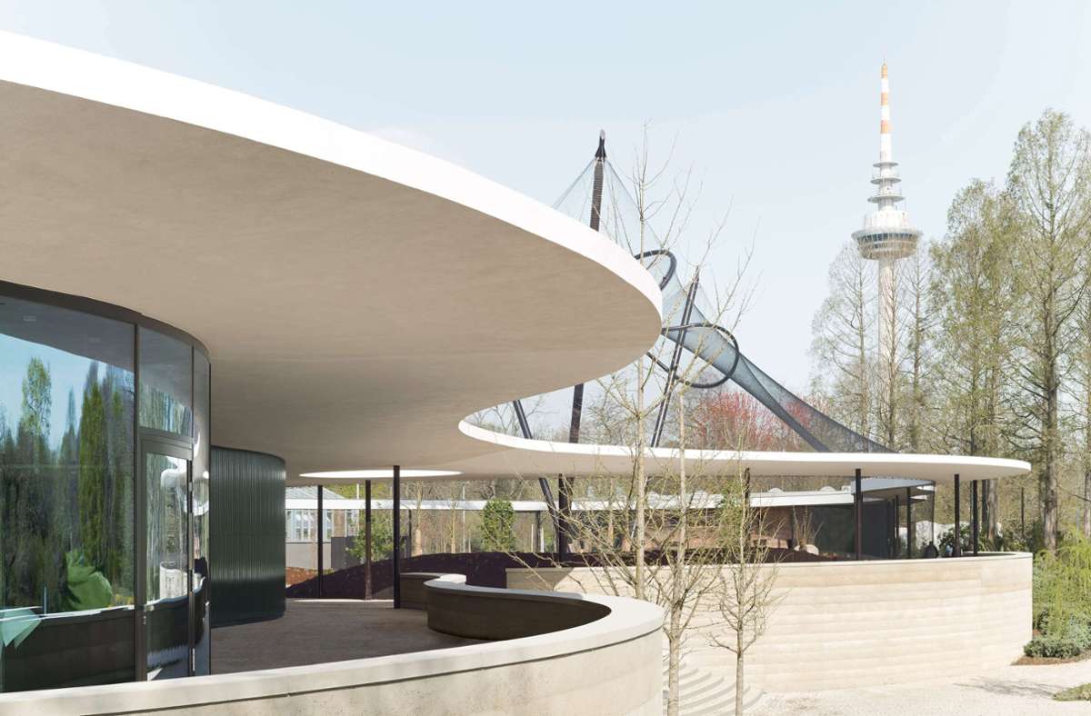 Der von Martin Bez und Thorsten Kock geplante Pavillon im Mannheimer Luisenpark für die Bundesgartenschau 2023. Der Fernmeldeturm in Hintergrund wurde für die Bundesgartenschau 1975 gebaut.