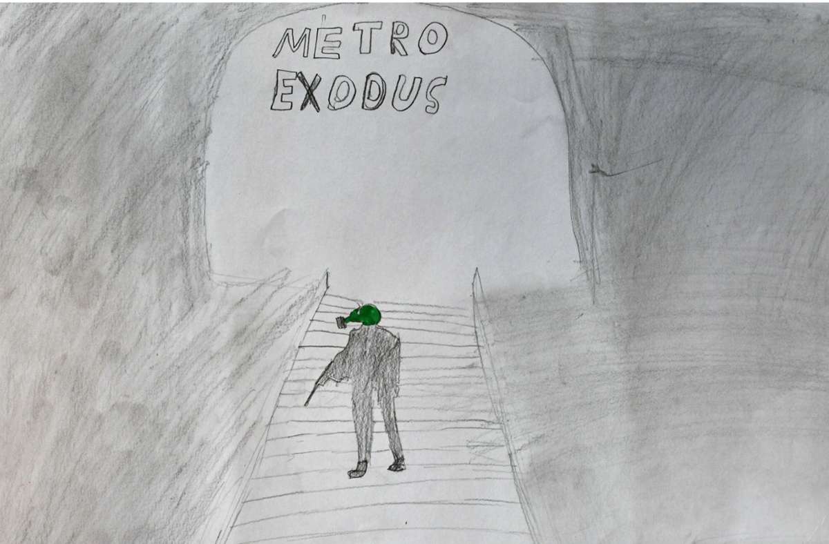 Der zehnjährige Lev aus Mariupol hat einen Kämpfer in der Metro gezeichnet.