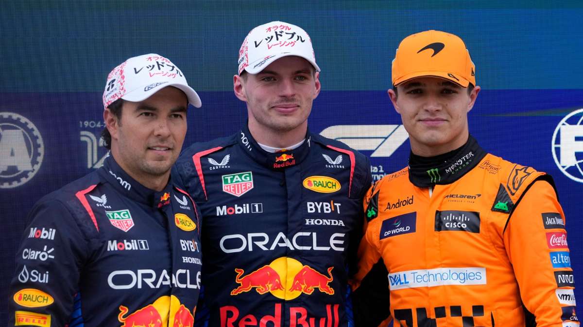 Red-Bull-Pilot Max Verstappen (M) gewann das Qualifying in Suzuka vor seinem Teamkollegen Sergio Peréz (l) und McLaren-Pilot Lando Norris.