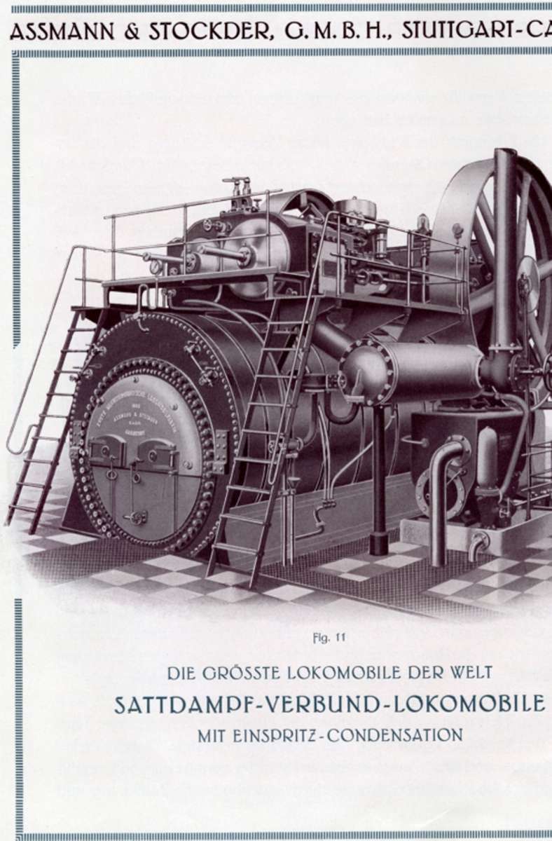 Das größte Lokomobil der Welt mit 400 PS, in Münster gebaut. Das bild stammt aus dem Archiv von Jan Reichler aus einer Werbebroschüre „60 Jahre Lokomobilen Fabrik“.
