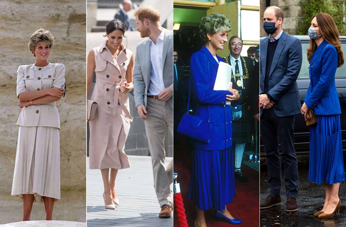 Da muss man zwei Mal hinschauen: Prinzessin Diana in Kleidern, die ihre Schwiegertöchter Kate (rechts) und Meghan (zweites Bild von links) heute ganz ähnlich tragen. Foto: Imago/Zuma/iImages/PA Images