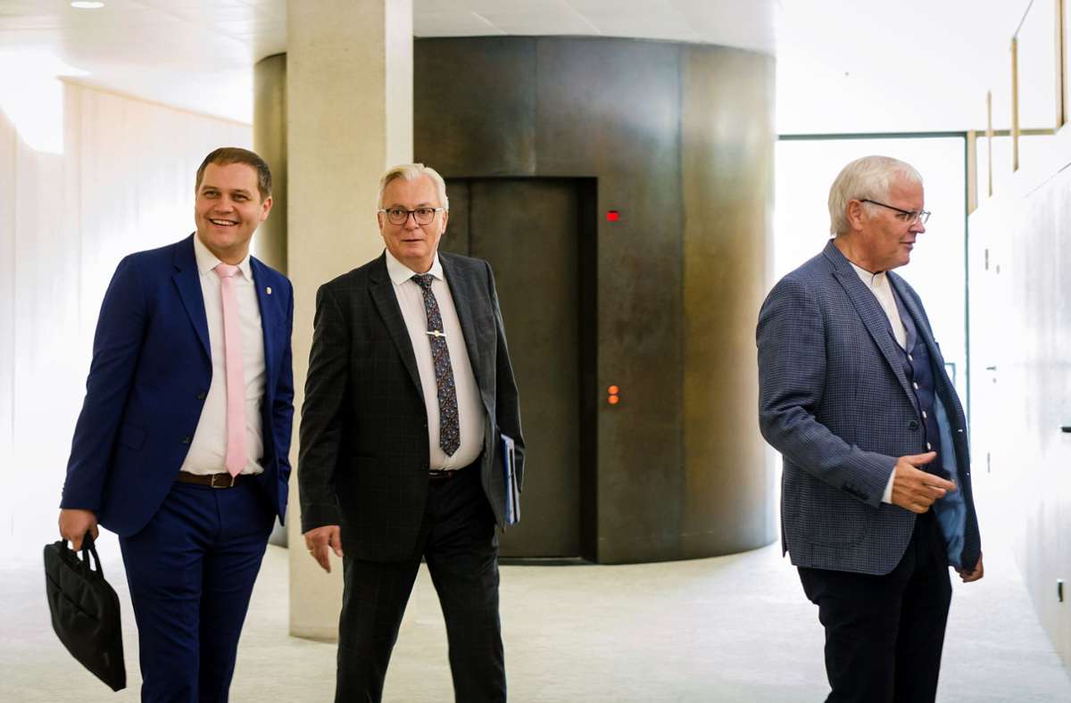Der neue AfD-Fraktionschef Anton Baron (links) neben seinem  Vorgänger Bernd Gögel und Emil Sänze (rechts). Foto: dpa/Christoph Schmidt