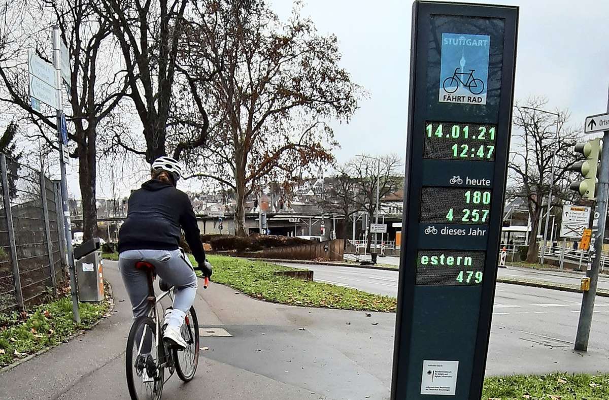 Radzählstelle in Stuttgart-Untertürkheim: Im Durchschnitt  1500 Radfahrer pro Tag