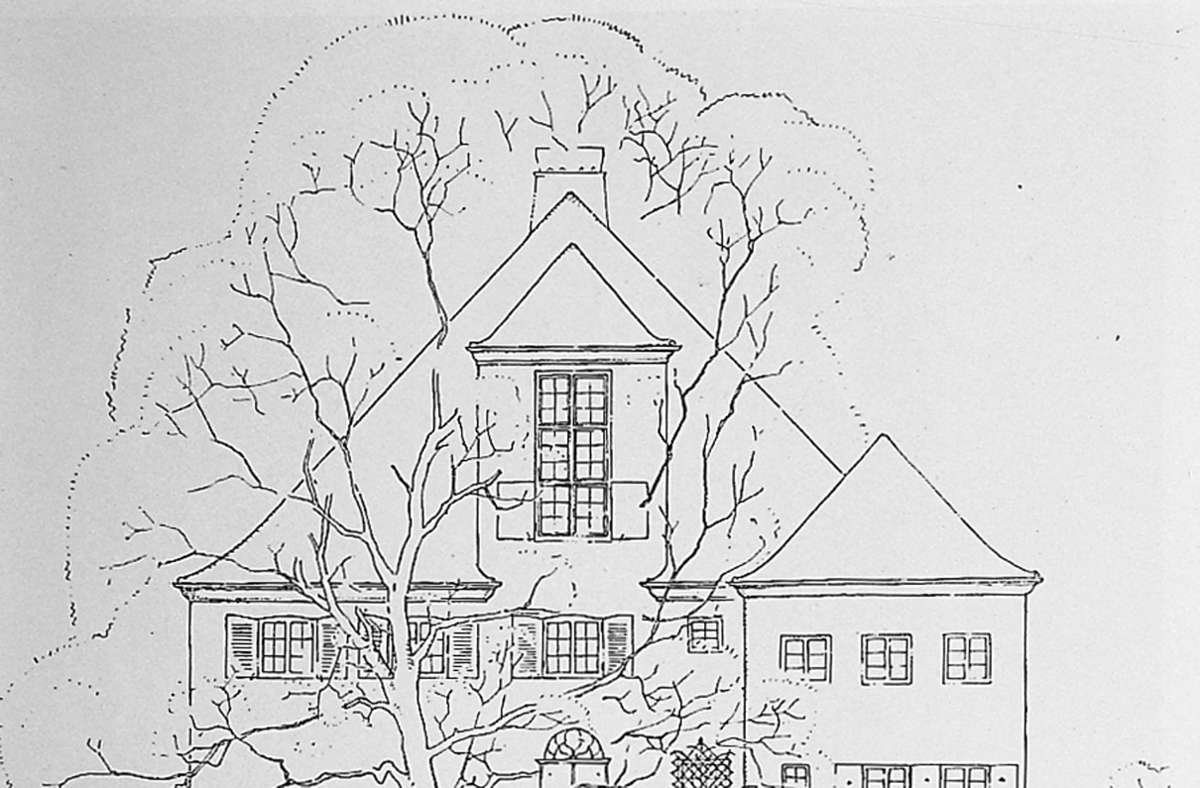 Schmitthenners erster Entwurf von 1923 – das sogenannte Haus Werner I, benannt nach dem Bauherrn, dem Industriellen Otto Werner. In dieser Form  wurde das Gebäude nie realisiert. Der Bau von 1936 – das Haus Werner II – folgte einem überarbeiteten Plan. Die Zeichnung ist der Zeitschrift Baukunst (Jahrgang 1927) entnommen.
