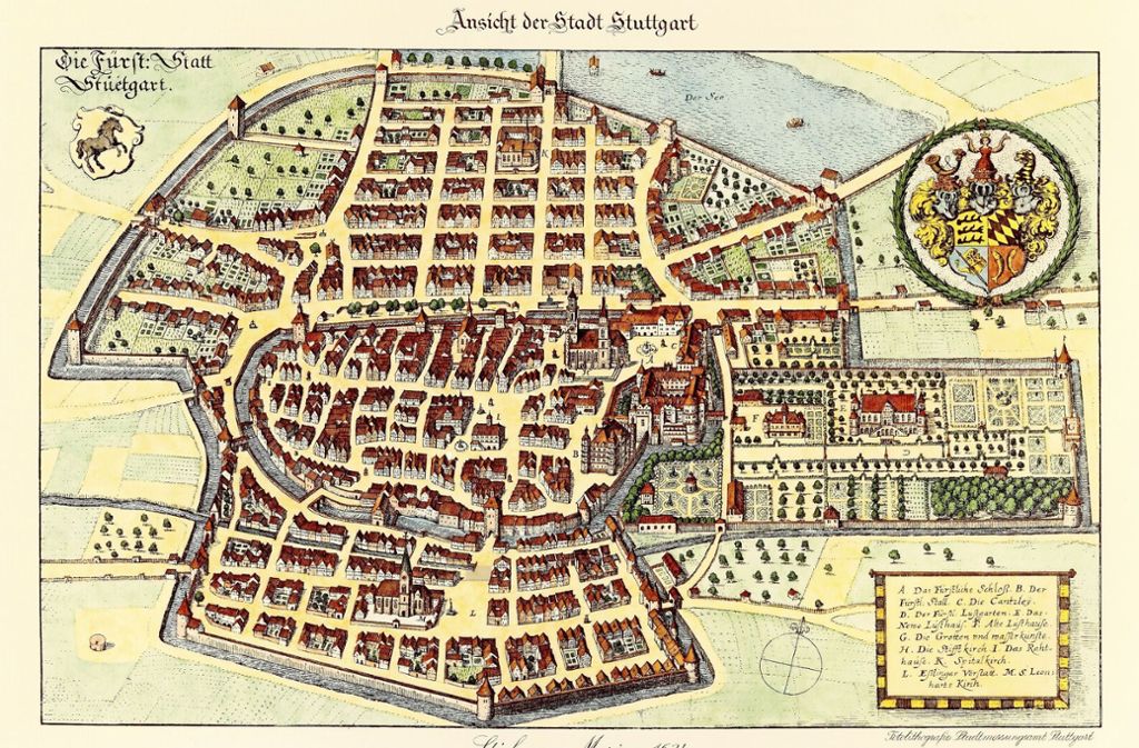 Eine Fotofarblithografie von Stuttgart nach Merian im Jahr 1634
