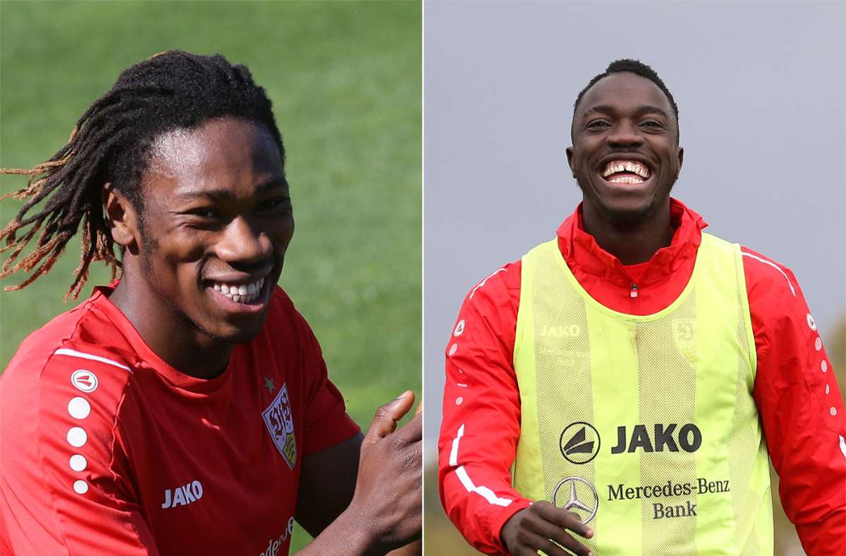 Mohamed Sankoh (links) und Silas Katompa Mvumpa haben Grund zum Lachen: In der kommenden Saison wollen sie nach langer Leidenszeit wieder angreifen. In unserer Bildergalerie finden Sie den aktuellen VfB-Kader.