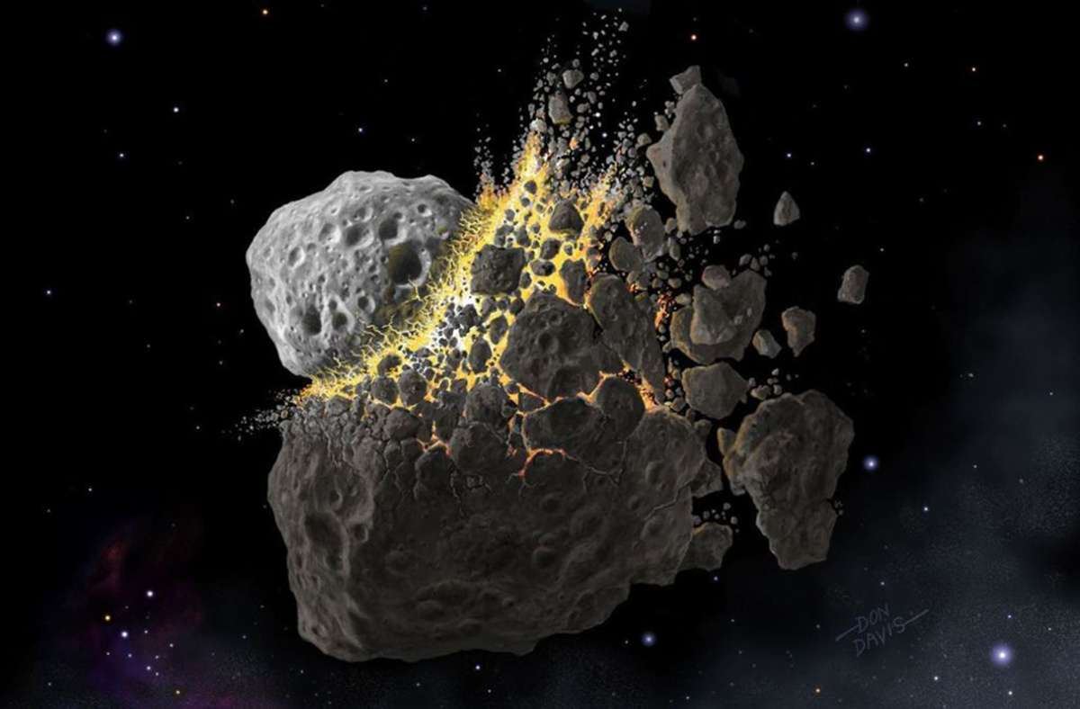 Illustration einer Kollision zweier Asteroiden im Weltraum.