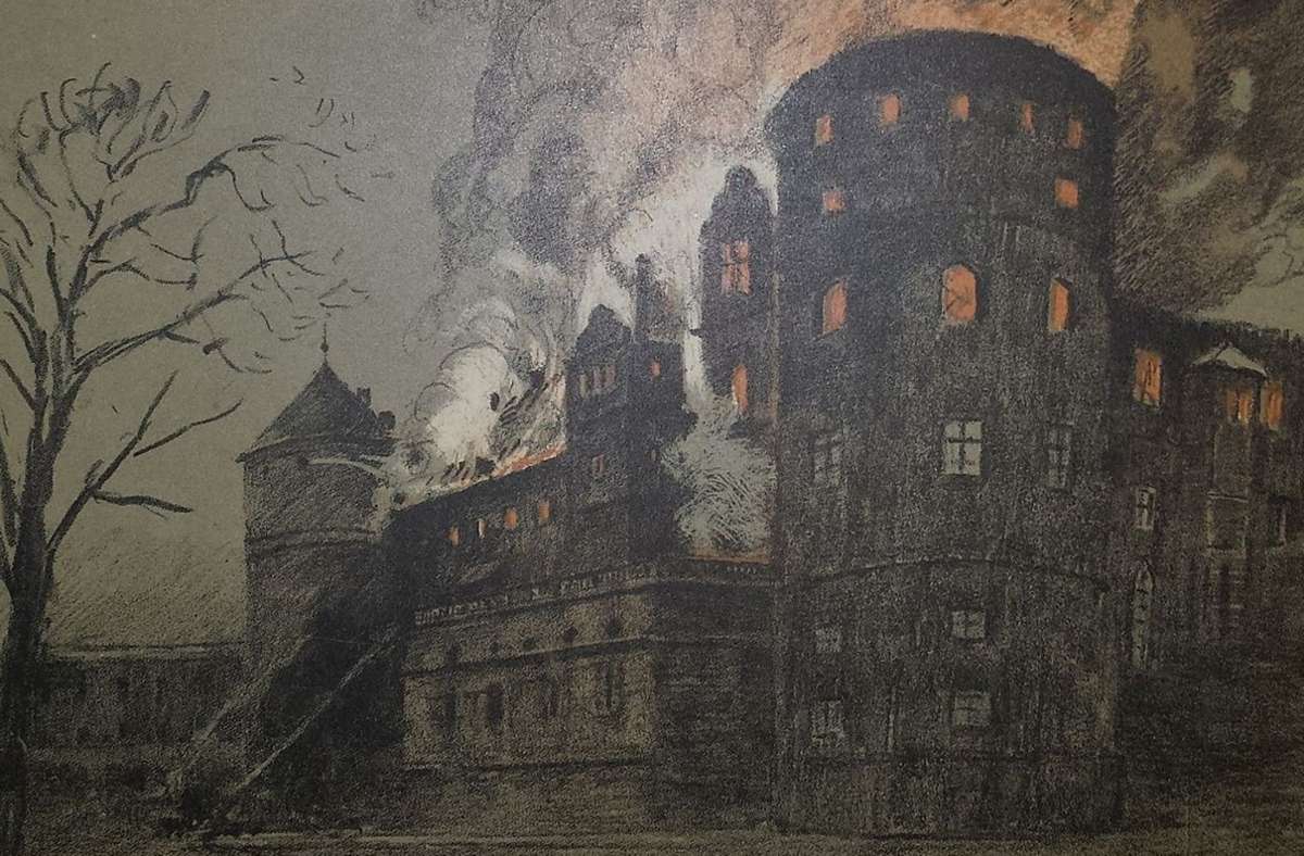 Der Brand des Alten Schlosses 1931. Eine Lithografie von Alexander Eckener. Foto: Christian Wolter