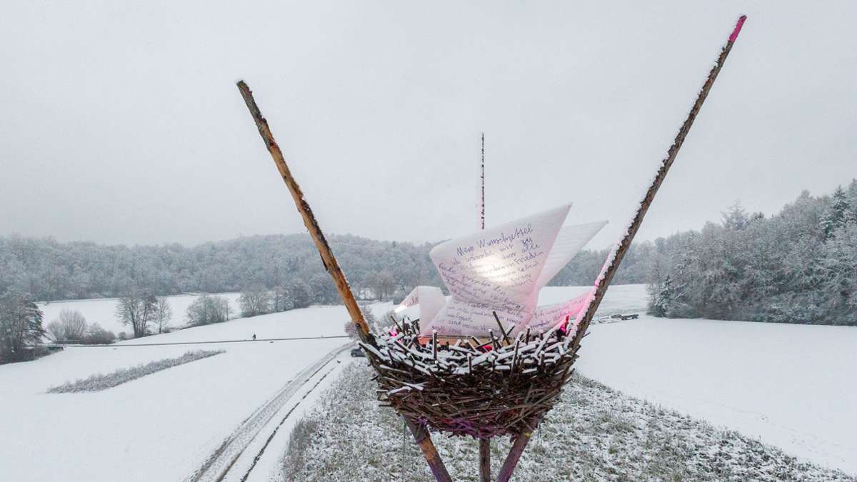 Bei Ehningen: Frostiger Einzug: Origami-Taube sitzt jetzt im Sculptoura-Vogelnest