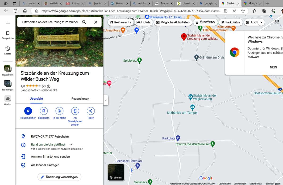 Kleine Überraschungen via  Google Maps: Wer postet die  Örtchen mit Bänkchen bei Rutesheim?