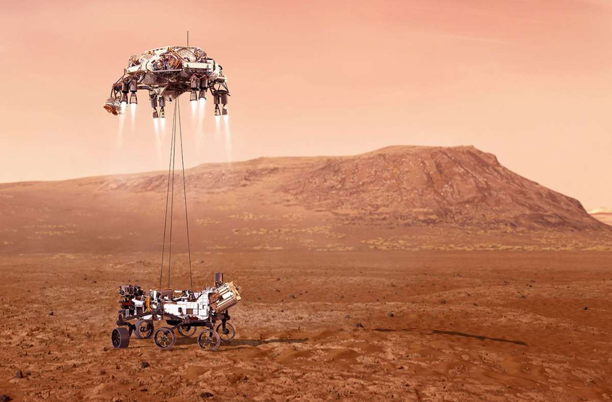 Die Illustration zeigt den Nasa-Rover „Perseverance“ bei der geplanten Landung auf dem Mars.