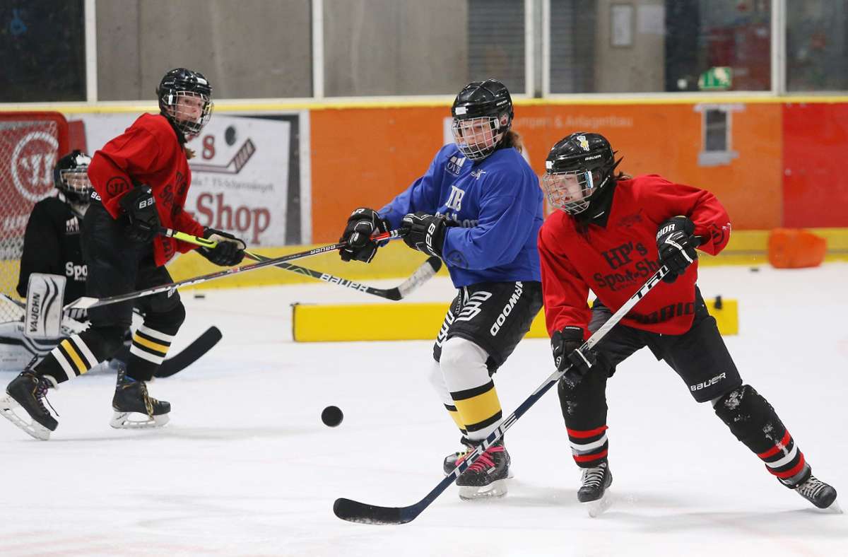 Im Jugend-Eishockey eine Seltenheit: Ein Spiel zwischen zwei Mädchen-Teams, üblicherweise treten Nachwuchs-Mannschaften gemischt an. Foto: Baumann/Julia Rahn