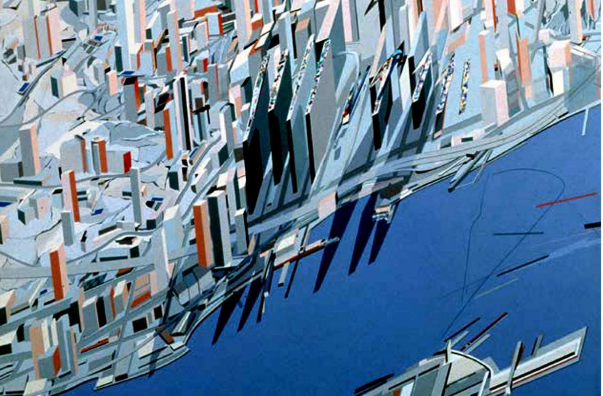 Entwurf der Architektin Zaha Hadid für The Peak Leisure Club in Hongkong, 1983: Auf ihrer unkonventionellen Acryl-Zeichnung scheint alles in Bewegung zu sein  (das Foto zeigt einen Ausschnitt).